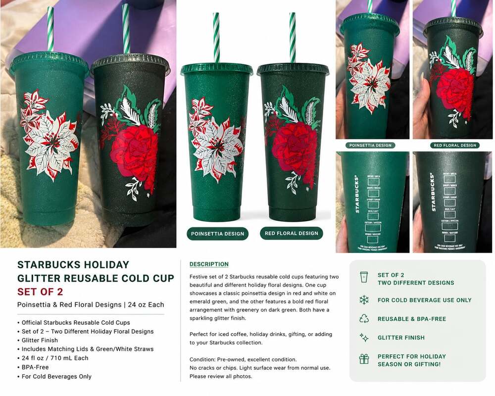 STARBUCKS HOLIDAY CHRISTMAS EDITION 24oz REUSEABLE COLD CUPS SET X OF 5 2022